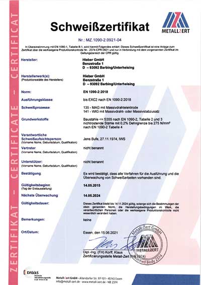 Schweißzulassung nach DIN 1090 EXC2